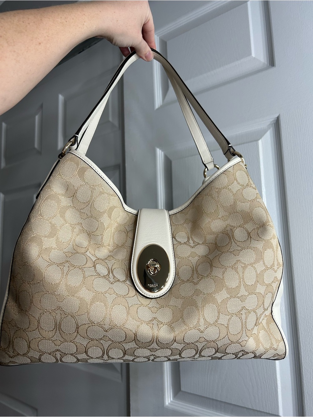 Coach Beige Signature Canvas Hobo Shoulder Bag with White Trim